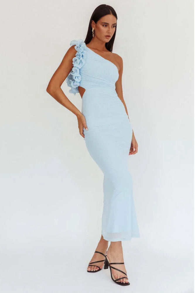 One Shoulder Floral Trim Ruched Bodycon Midi Dress
