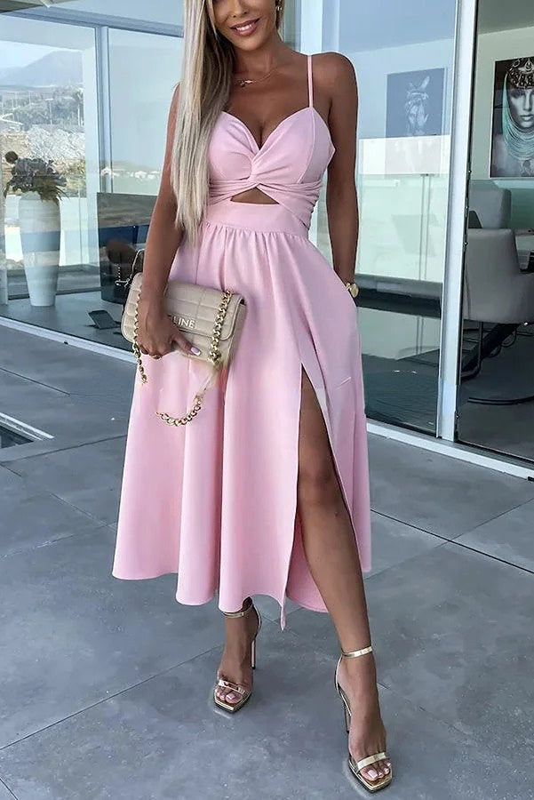 Spaghetti Strap Twist Front Cut Out High Split A-Line Midi Dress - View 3