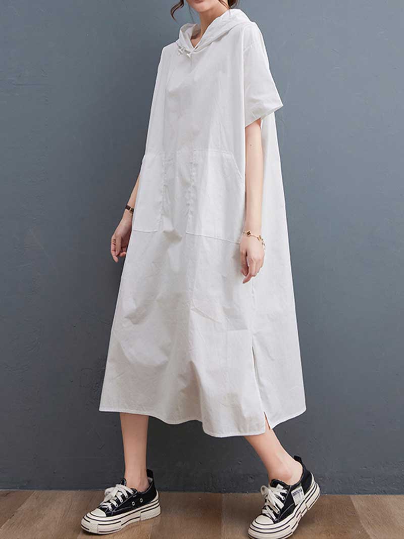 Hooded Short Sleeve Double Patch-Pocket A-line Midi Dress 8