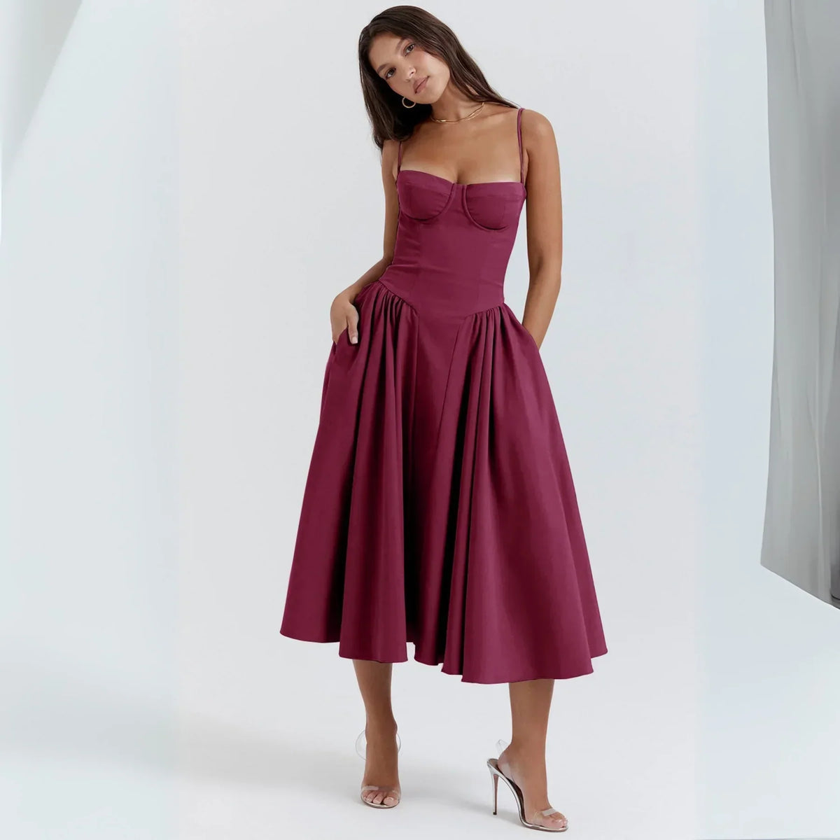 Strapless Corset Bustier Fit and Flare Midi Dress 11