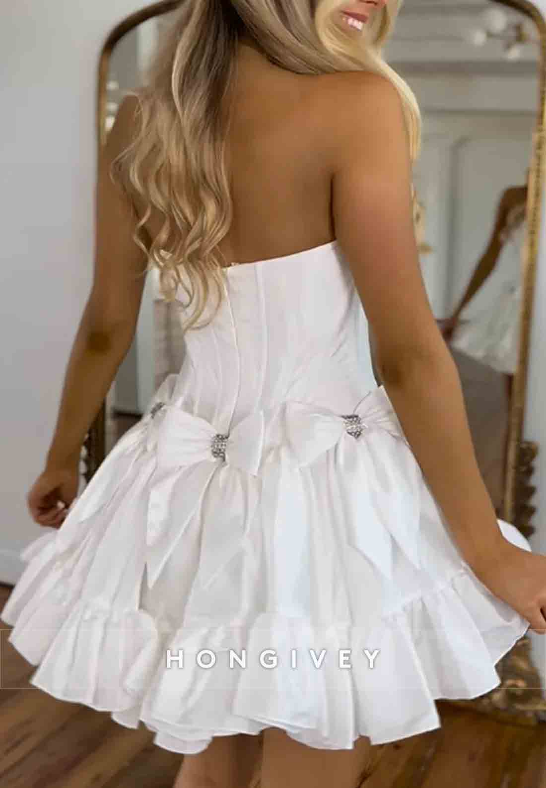Bowknot Ruched Strapless Satin Pleated Ball Gown Short Homecoming Dresses