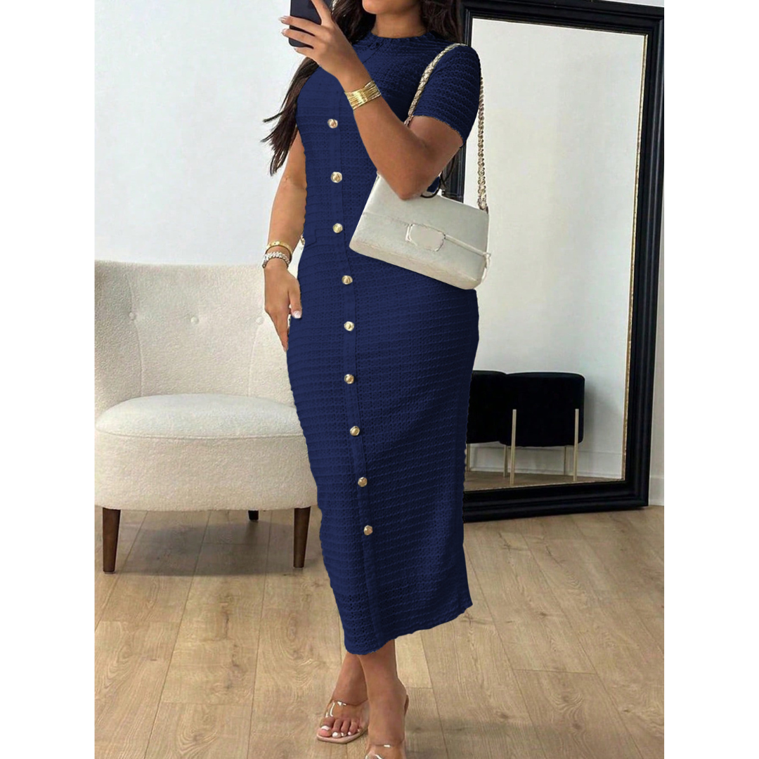 Crew Neck Short Sleeve Button Front Textured Bodycon Midi Dress 11