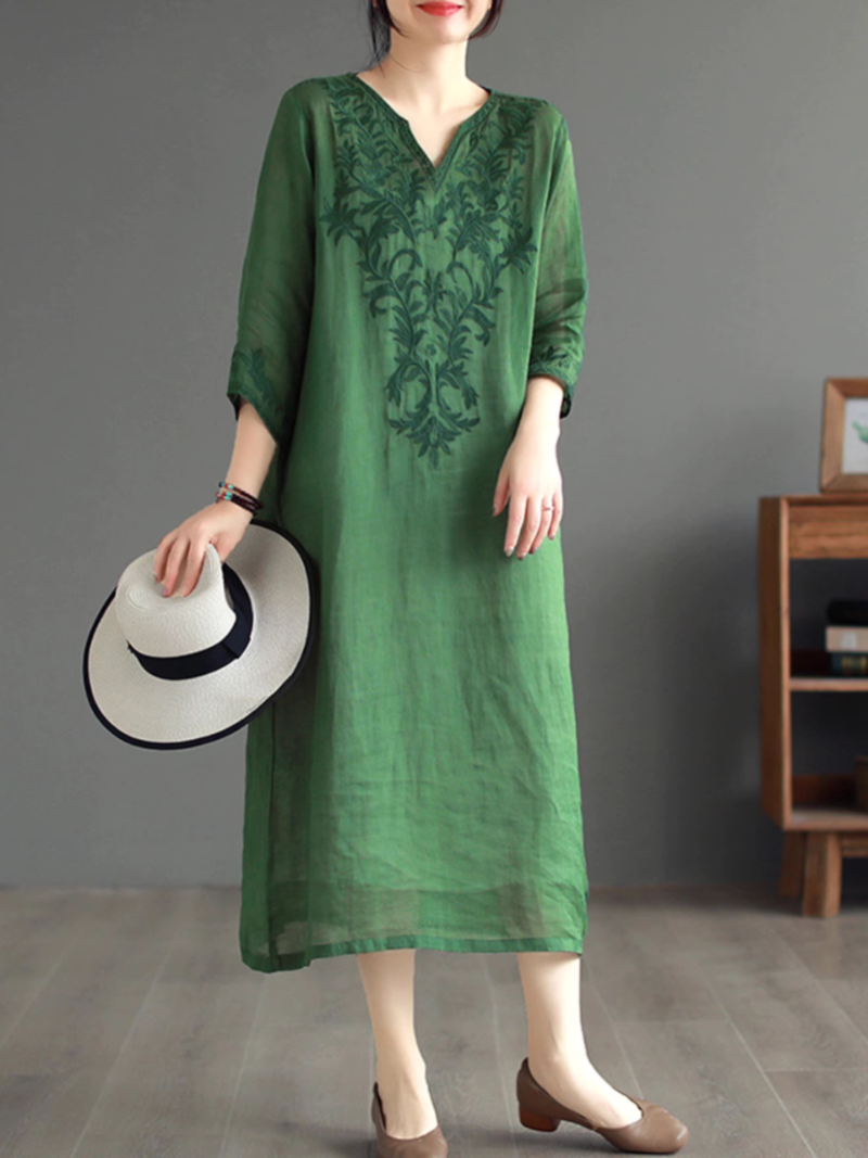 Embroidered Linen Notch-Neck Long-Sleeve Shift Midi Dress 2