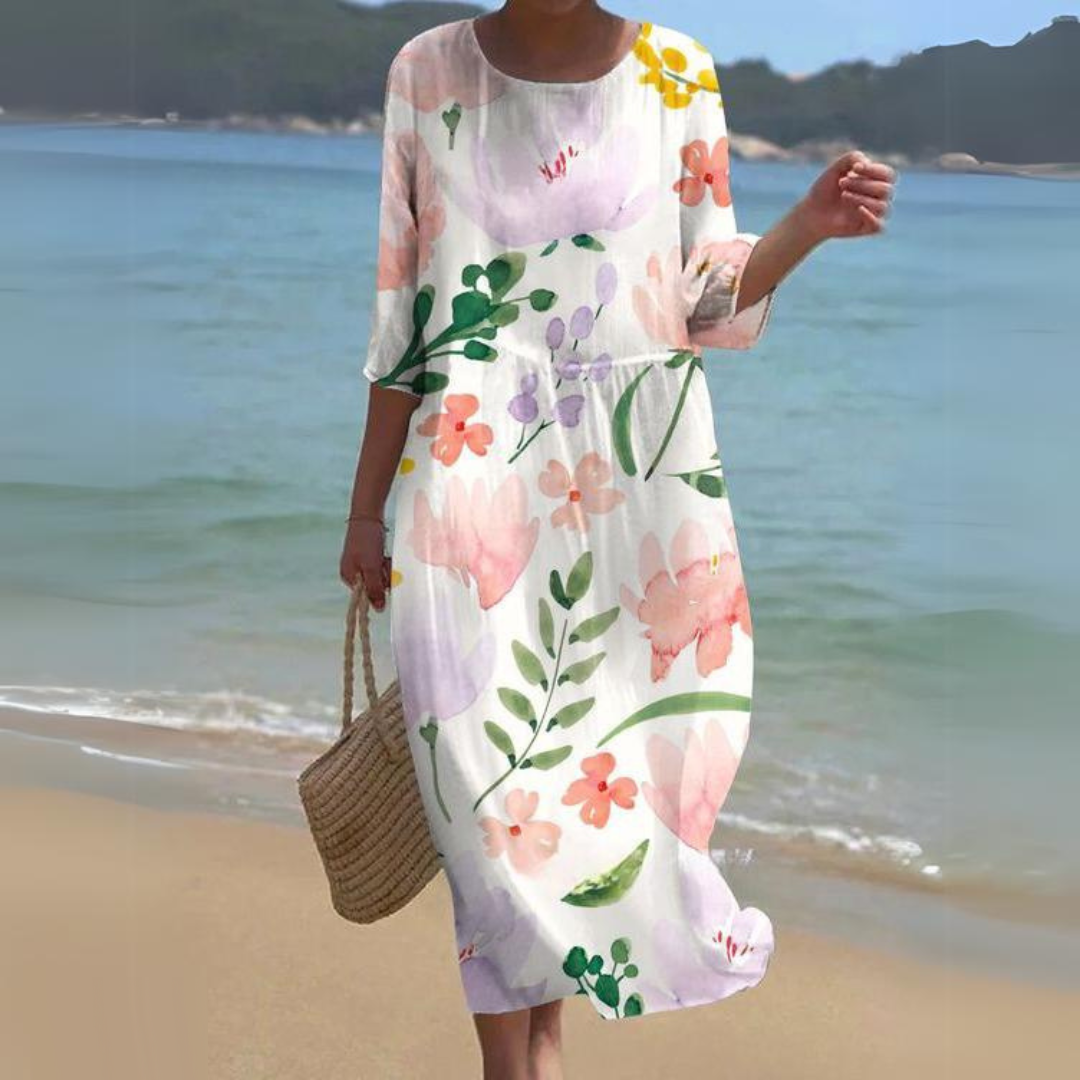 Floral Round Neck Half Sleeve Shift Summer Midi Dress - View 3