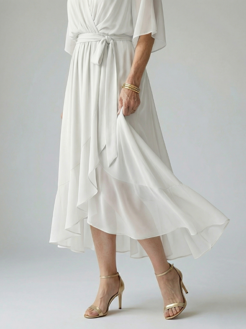 Chiffon Wrap V-Neck Flutter Sleeve Belted High Low Midi Dress 9