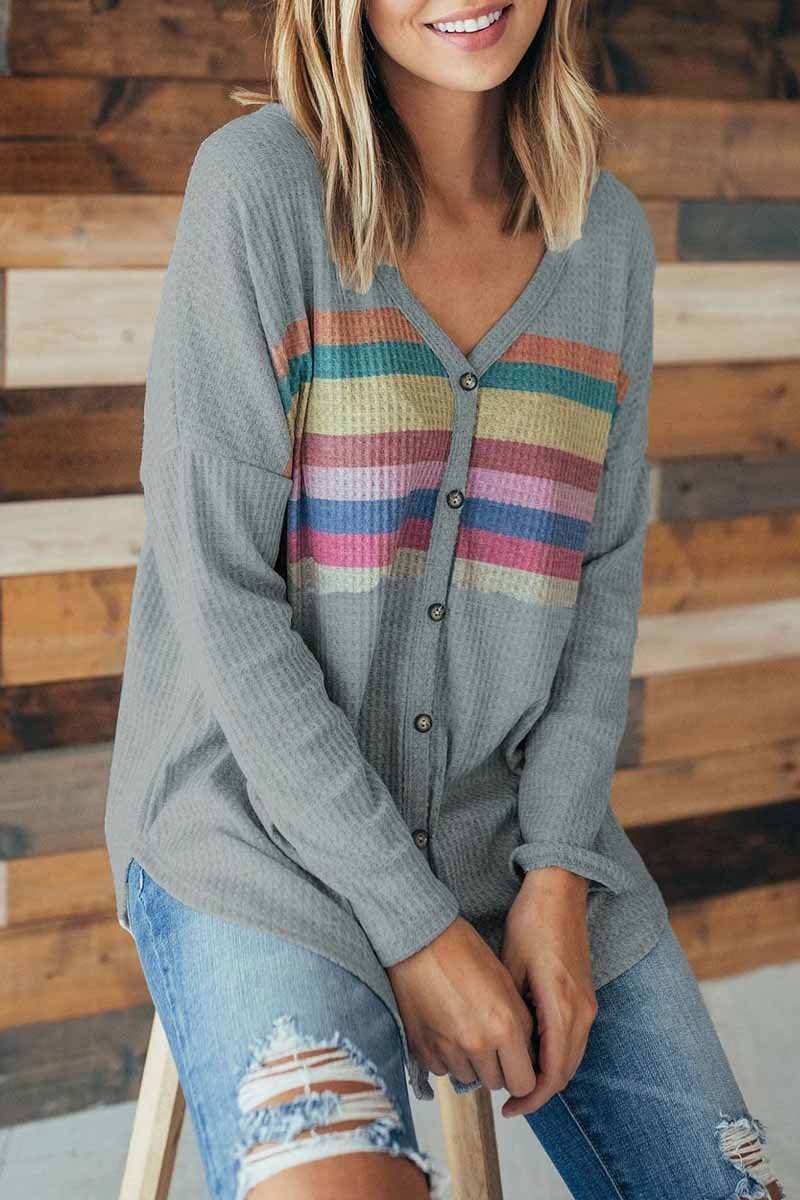 Florcoo Striped Rainbow Casual Button Tops - Fashionpara