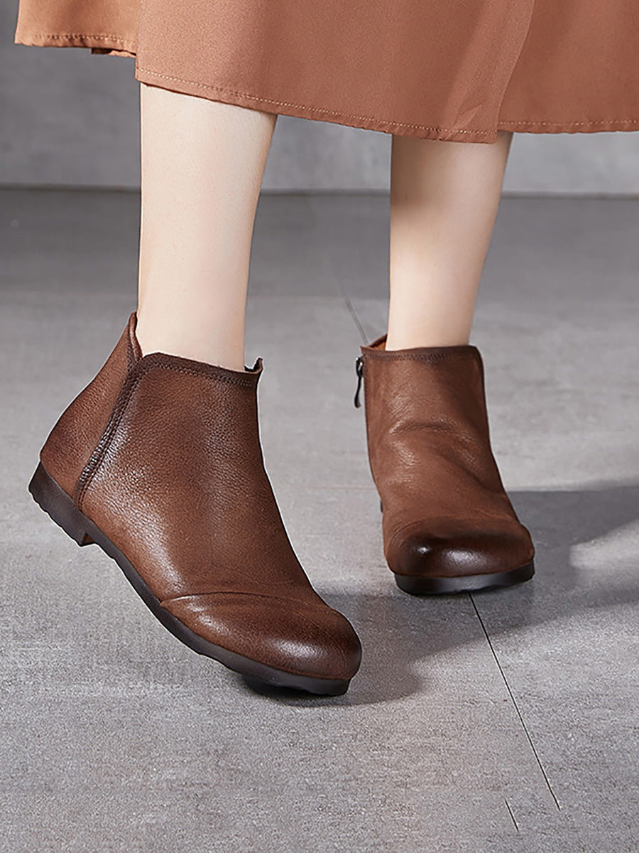 Solid Genuine Leather Winter Zipper Low Heel Boots