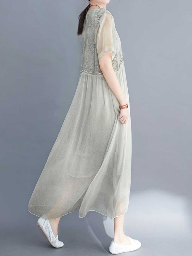 Embroidered Silk Round-Neck A-Line Dress - Fashionpara