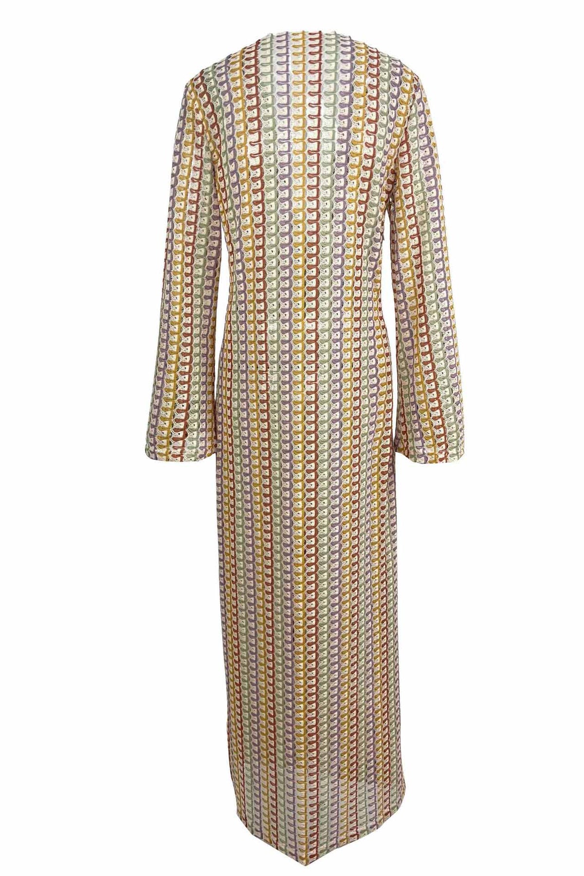 Crochet Deep V-Neck Long Sleeve Striped Boho Maxi Dress - View 19