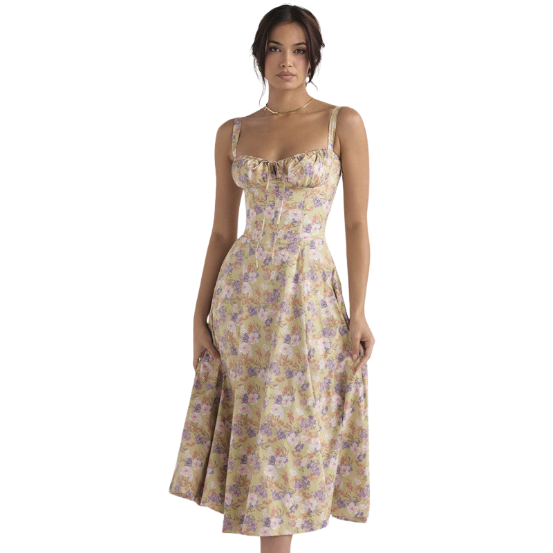 Floral Sweetheart Neckline Ruched Corset Midi Dress