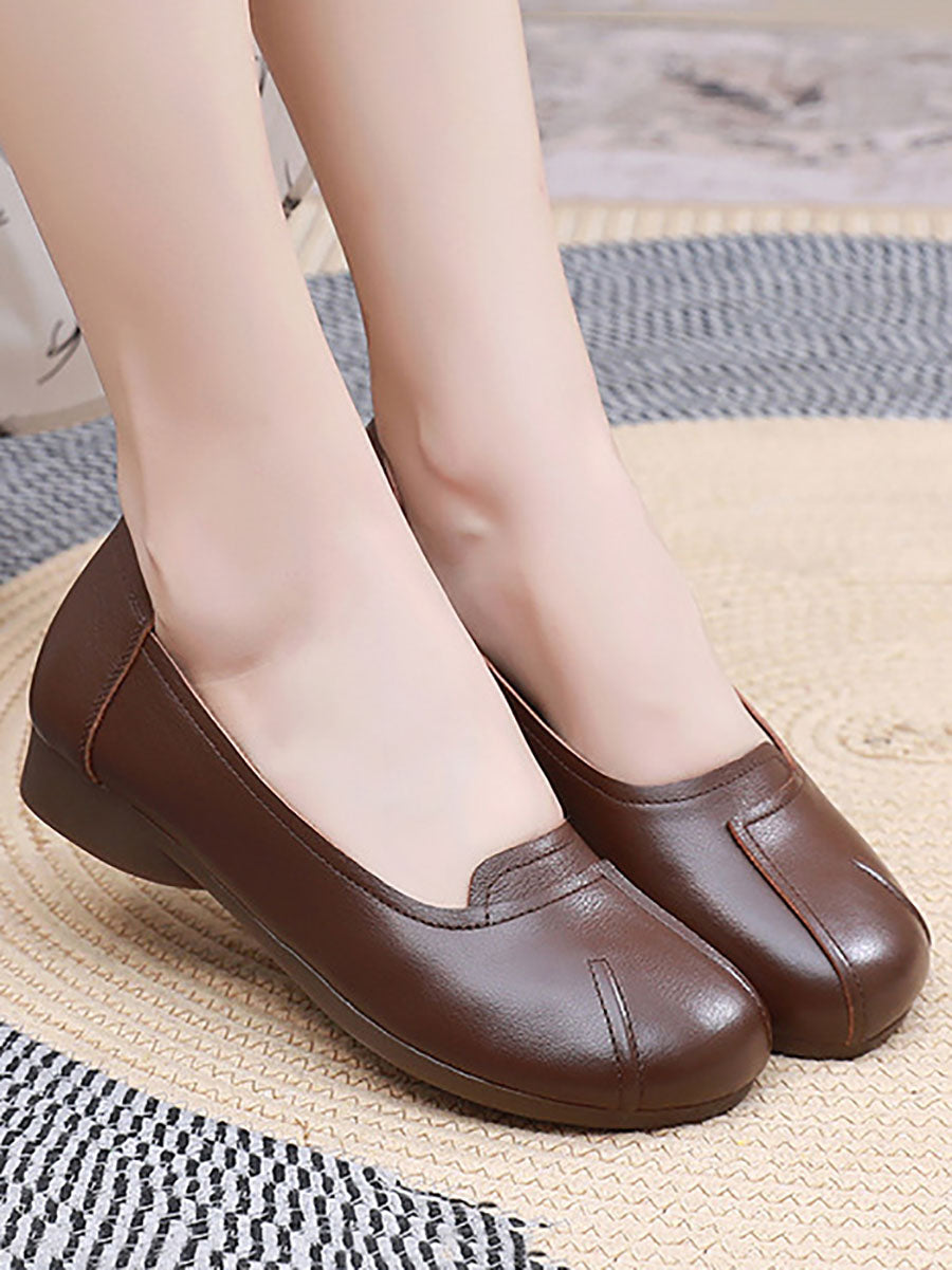 Commute Solid Leather Spliced Low Heel Shoes