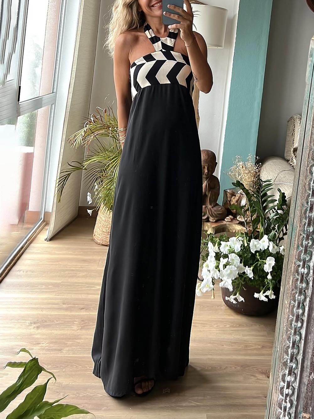 Unique Striped Print Loose Halterneck Maxi Dress - Fashionpara