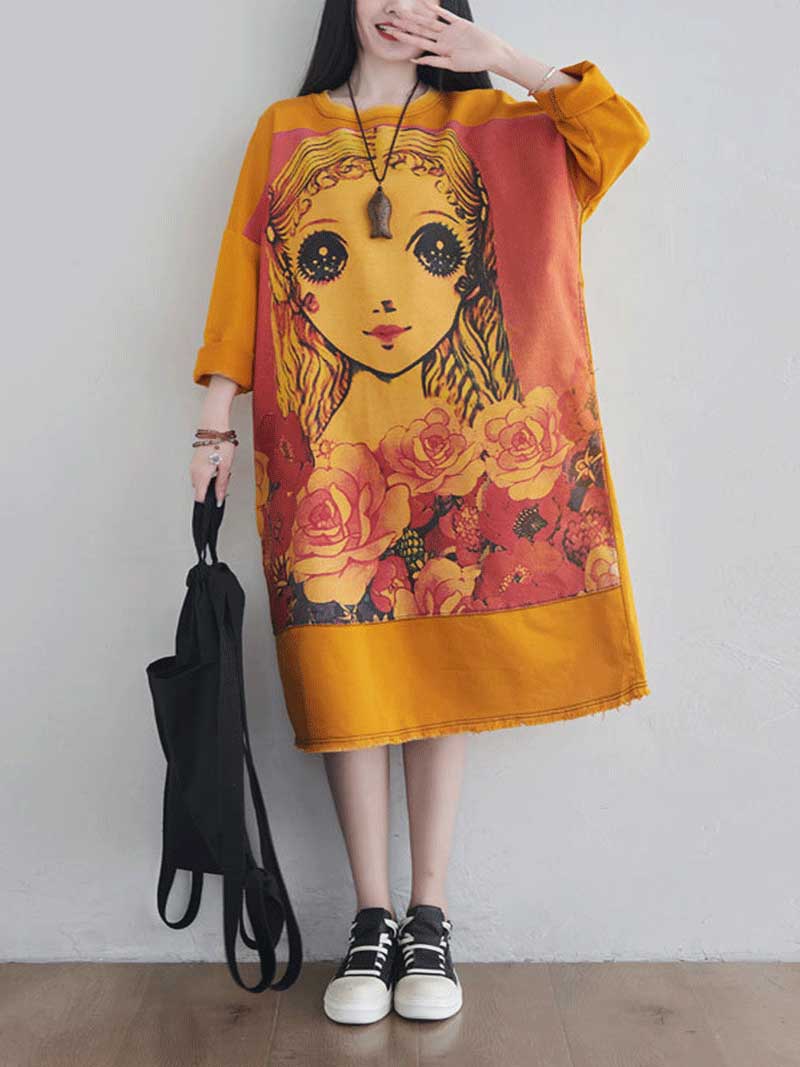 Give Me a Memory Round Neck Cartoon Sweater Midi Dress - Fashionpara