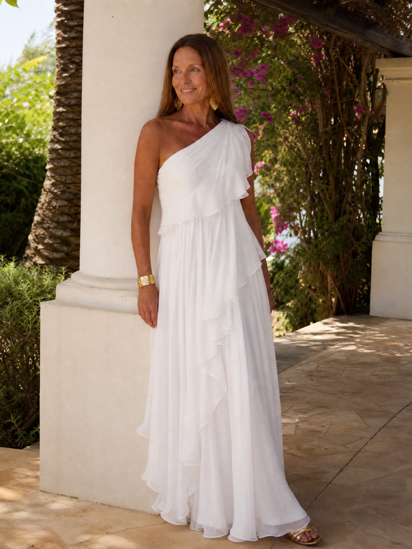 One Shoulder Ruffle Draped Chiffon Maxi Gown 9