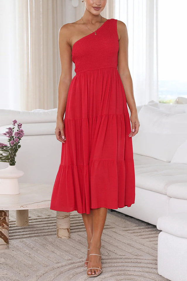 One Shoulder Shirred Tiered Midi Dress 12