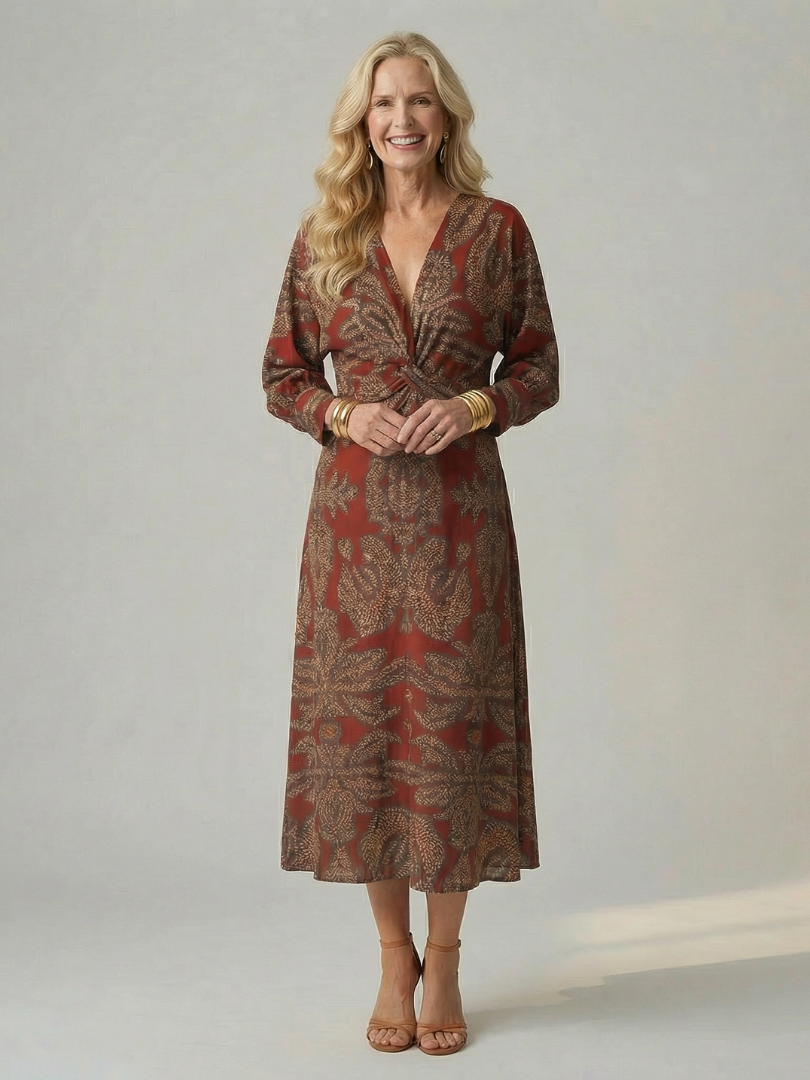 V-Neck Twist Front Long Sleeve Midi Dress 9