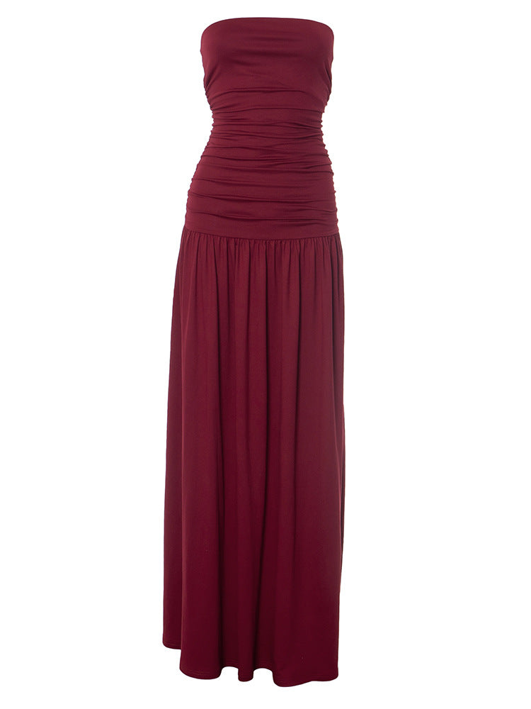 Strapless Ruched Bodice Drop Waist Maxi Dress 11