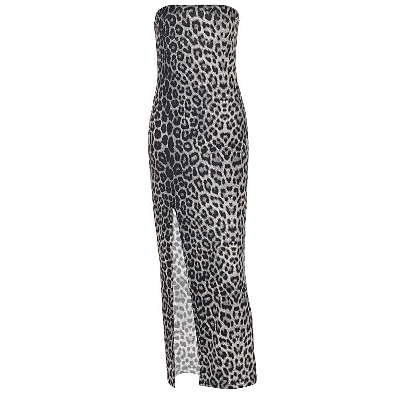 Leopard Print Strapless High-Slit Bodycon Maxi Dress 10