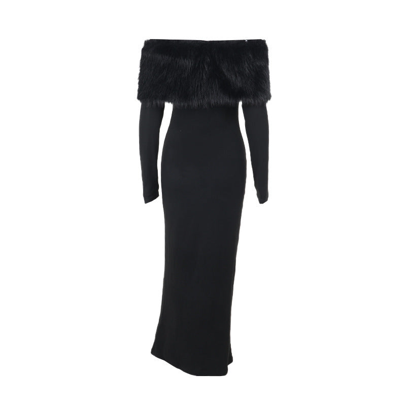 Onyx Fur Midi Dress - Black