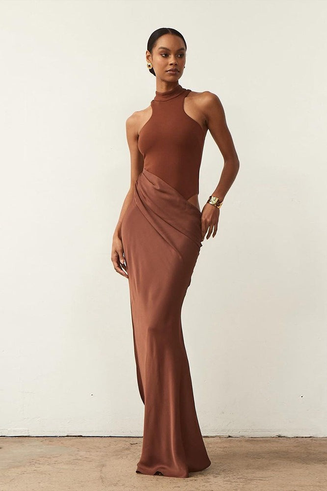 Sleeveless Halter Draped Satin Bodycon Maxi Gown