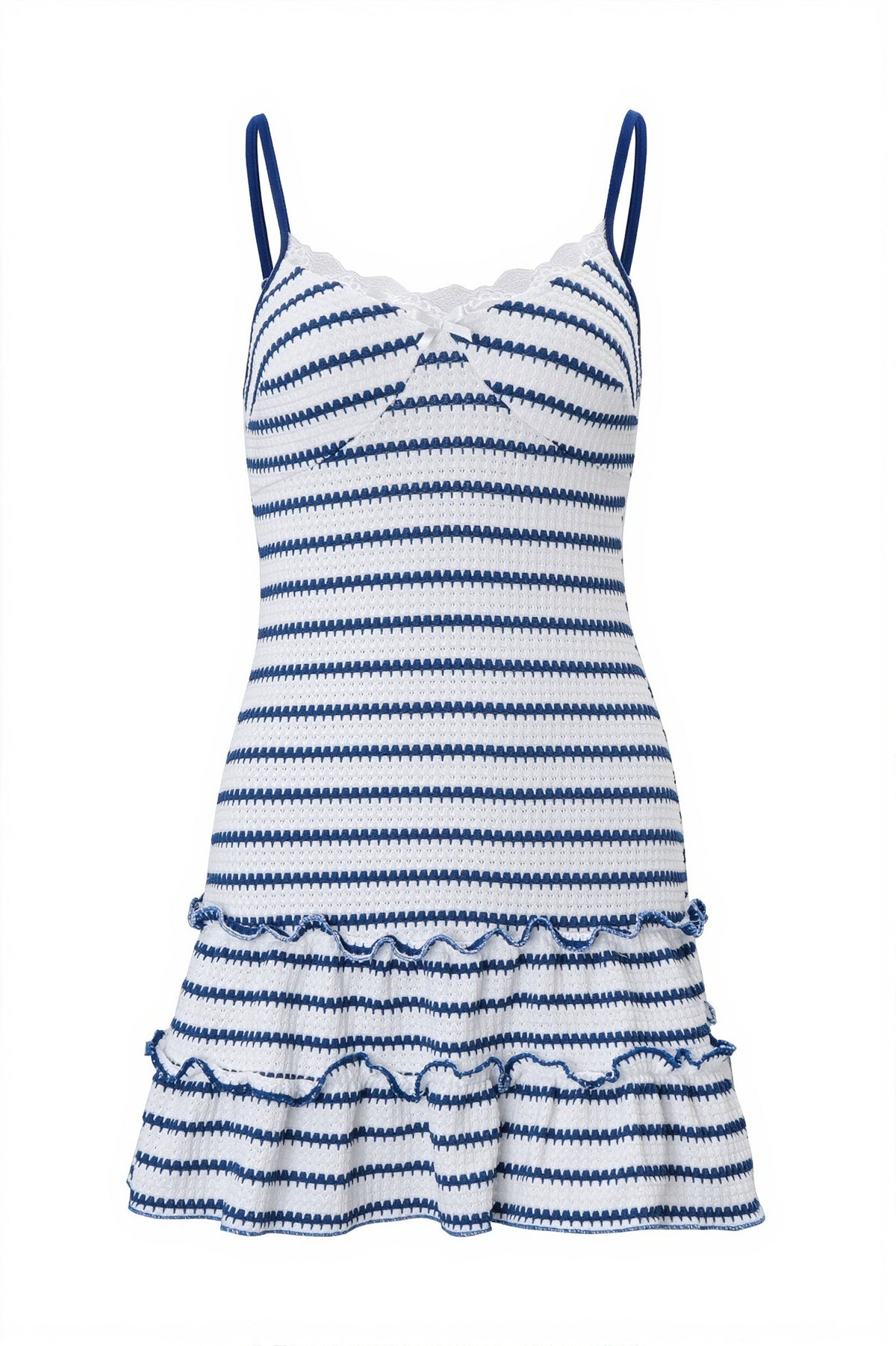 Striped Knit Lace Trim Ruffle Tiered Mini Dress