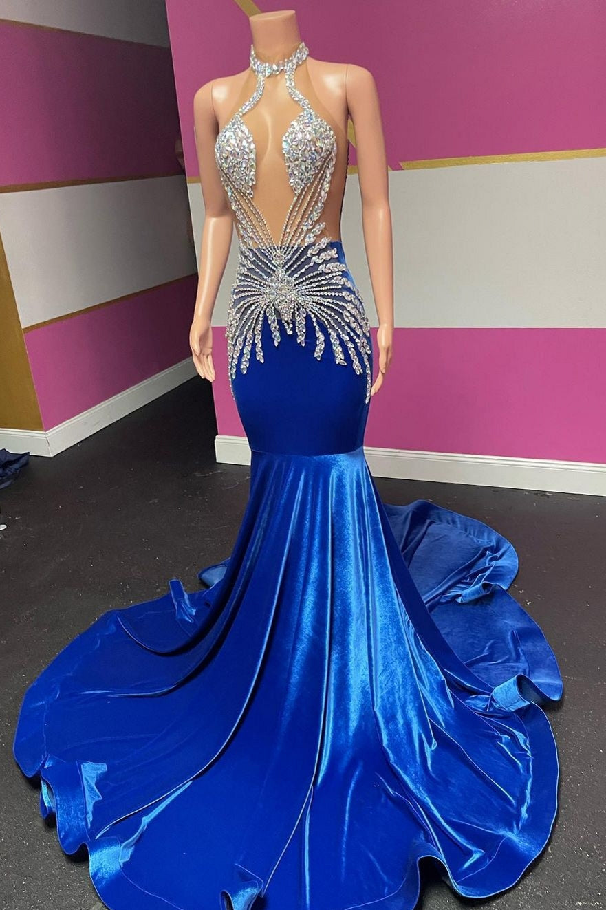 Designer Long Royal Blue Halter Velvet Mermaid Silver Beaded Prom Party Dresses - Fashionpara
