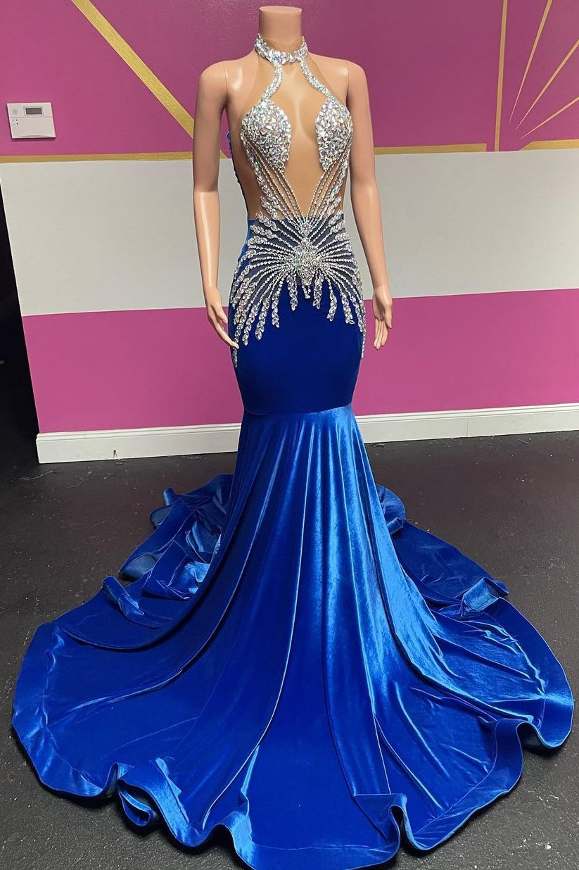 Designer Long Royal Blue Halter Velvet Mermaid Silver Beaded Prom Party Dresses - Fashionpara