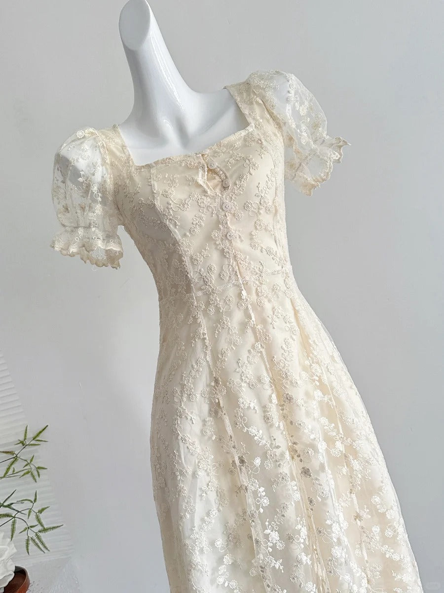 Elegant Vintage Ivory A-line Square Neck Short Sleeve Lace Waist Long Prom Dress Evening Dress P4012