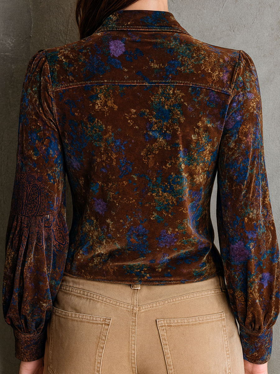 Chic Boho Floral Print Velvet Blouse With Ruffle Trim - Fashionpara