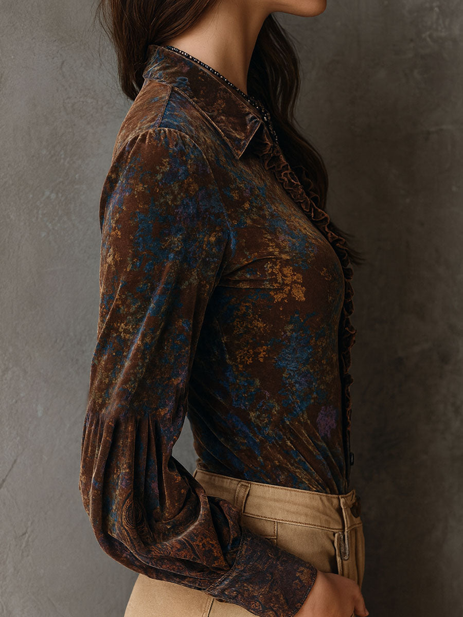 Chic Boho Floral Print Velvet Blouse With Ruffle Trim - Fashionpara