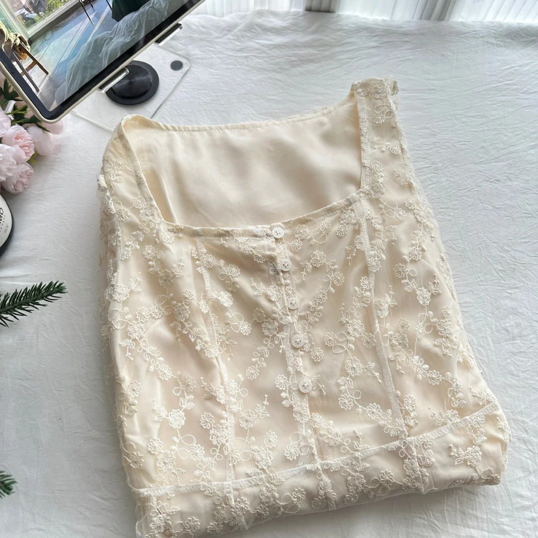 Elegant Vintage Ivory A-line Square Neck Short Sleeve Lace Waist Long Prom Dress Evening Dress P4012