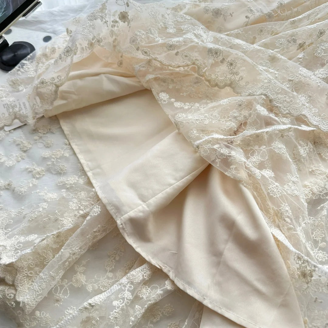 Elegant Vintage Ivory A-line Square Neck Short Sleeve Lace Waist Long Prom Dress Evening Dress P4012