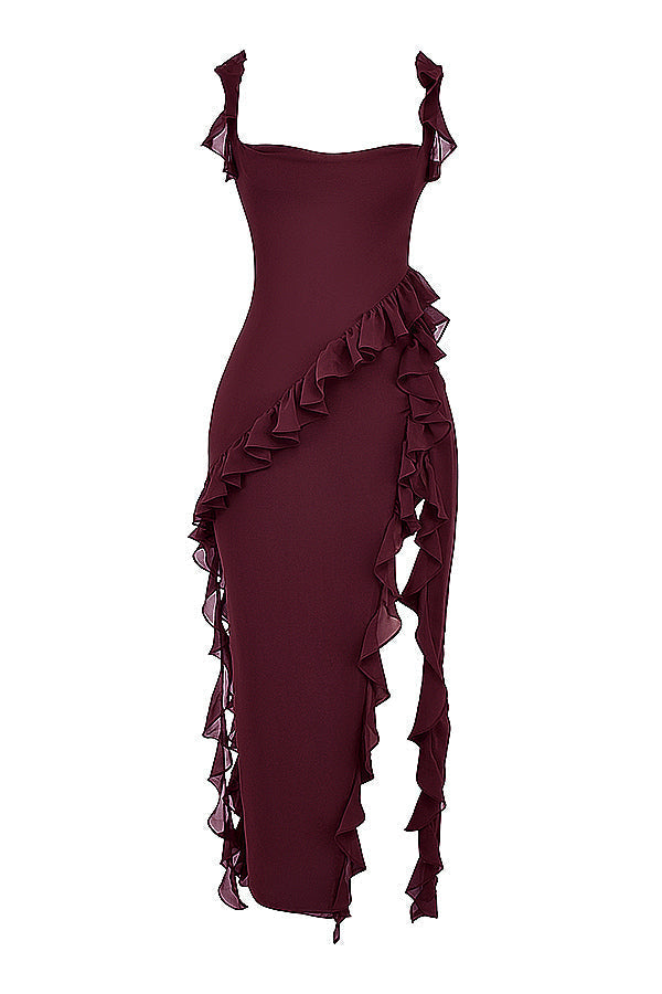 Square Neck Ruffle Strap High Split Asymmetrical Cascade Maxi Dress - View 19