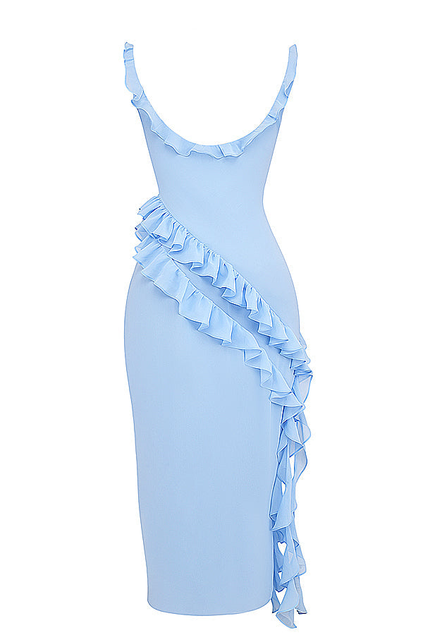 Square Neck Ruffle Strap High Split Asymmetrical Cascade Maxi Dress 51