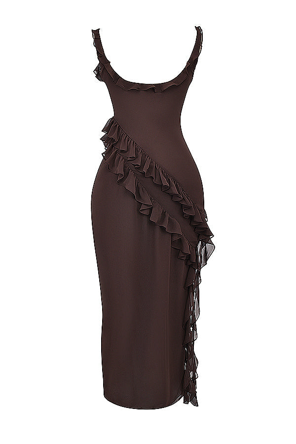 Square Neck Ruffle Strap High Split Asymmetrical Cascade Maxi Dress 36