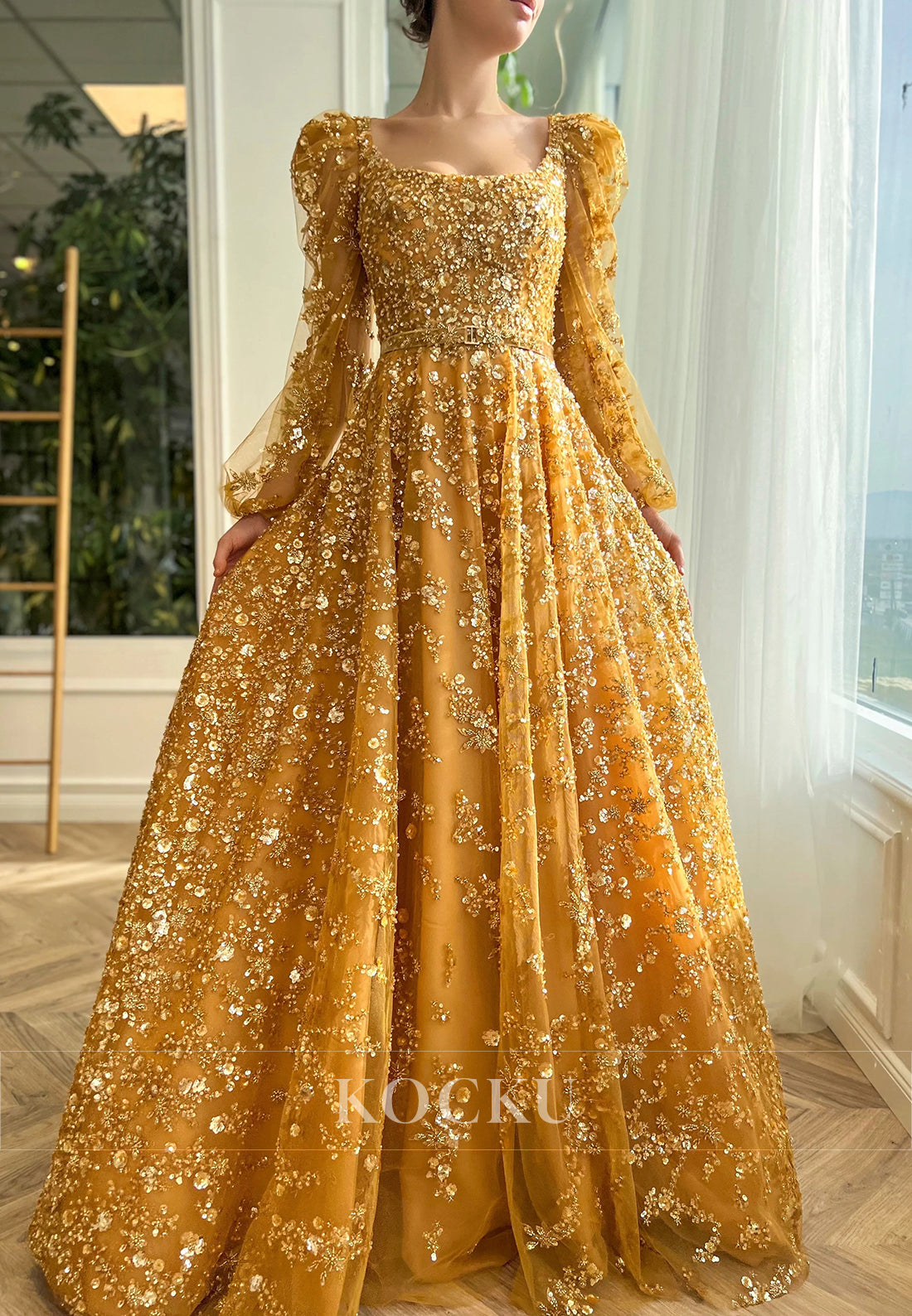 Long Sleeve Square Sequins Beaded Embellished Pleated Prom Dresses