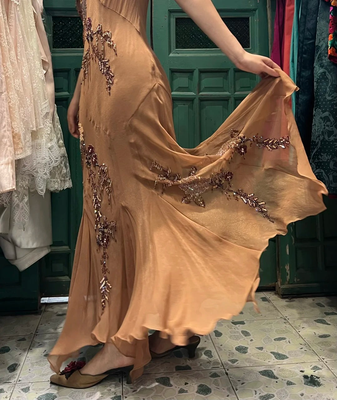 Elegant Brown And Gold Mermaid Halter-Neck Embroidered Beaded Chiffon Long Prom Dress Evening Dress P4120