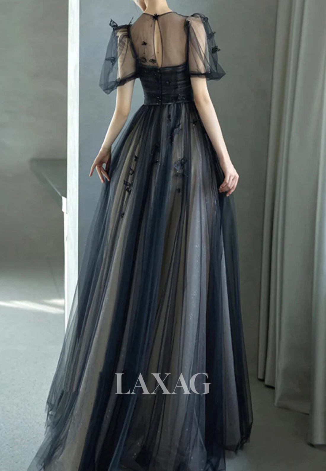 A-Line Applique Beaded Pleated Tulle Party Dress Tube Top Short-Sleeves Sweep Train Prom Dress