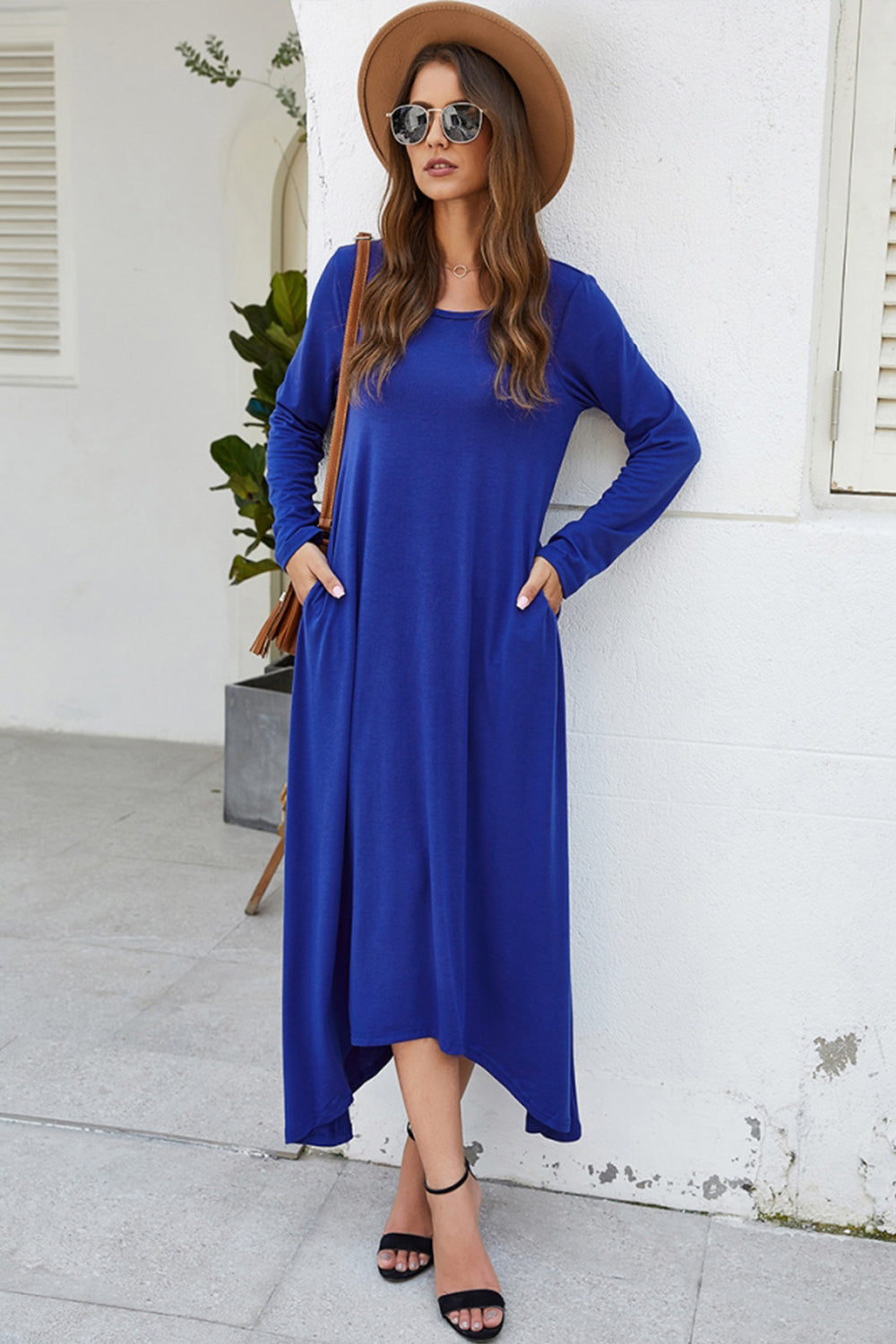 Solid Color Big Swing Skirt Long Sleeve Dress - Fashionpara