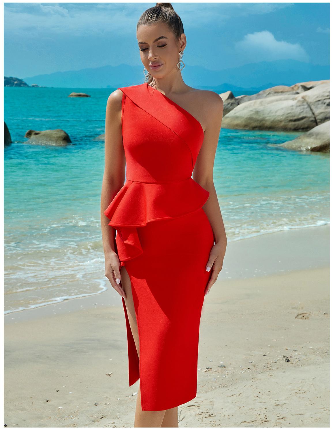 Bandage Dress Evening Dress Bandagedress Dress One Shoulder Ruffled Slit Party - Fashionpara