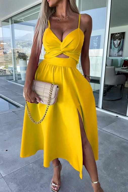 Spaghetti Strap Twist Front Cut Out High Split A-Line Midi Dress - View 21