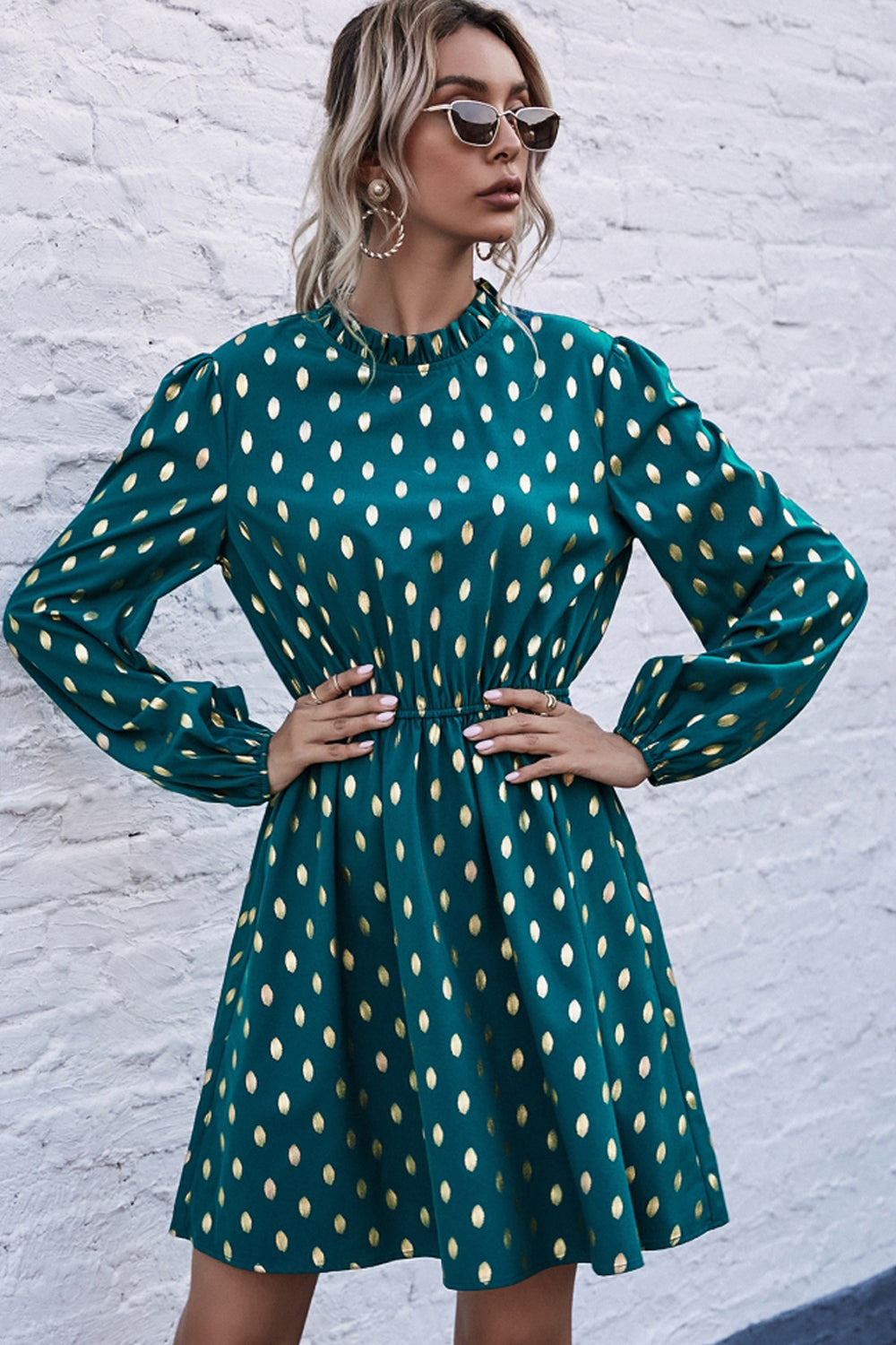 Half High Neck Polka Dot Dress