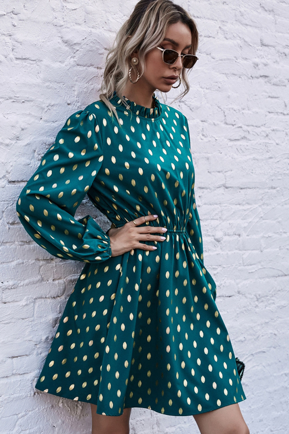 Half High Neck Polka Dot Dress