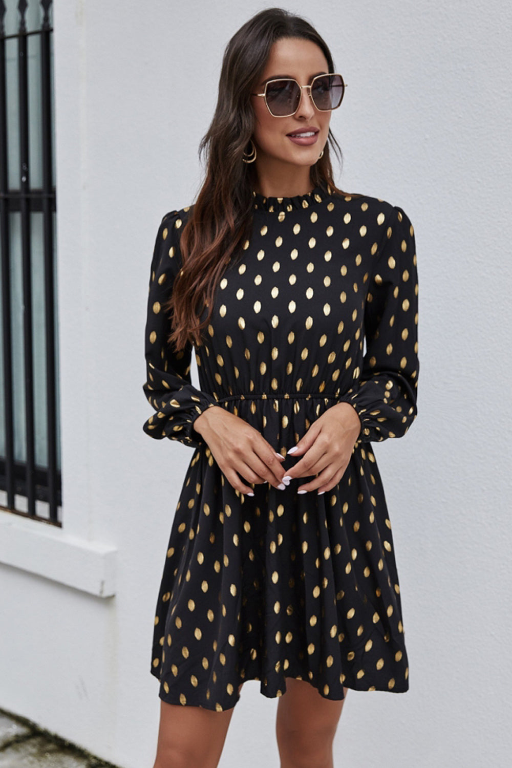 Half High Neck Polka Dot Dress