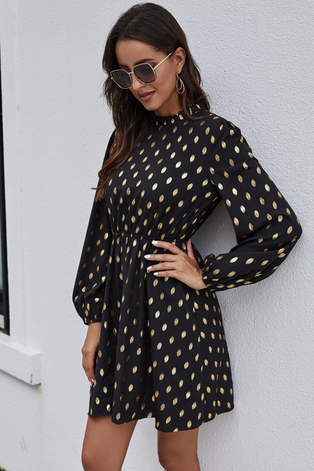 Half High Neck Polka Dot Dress