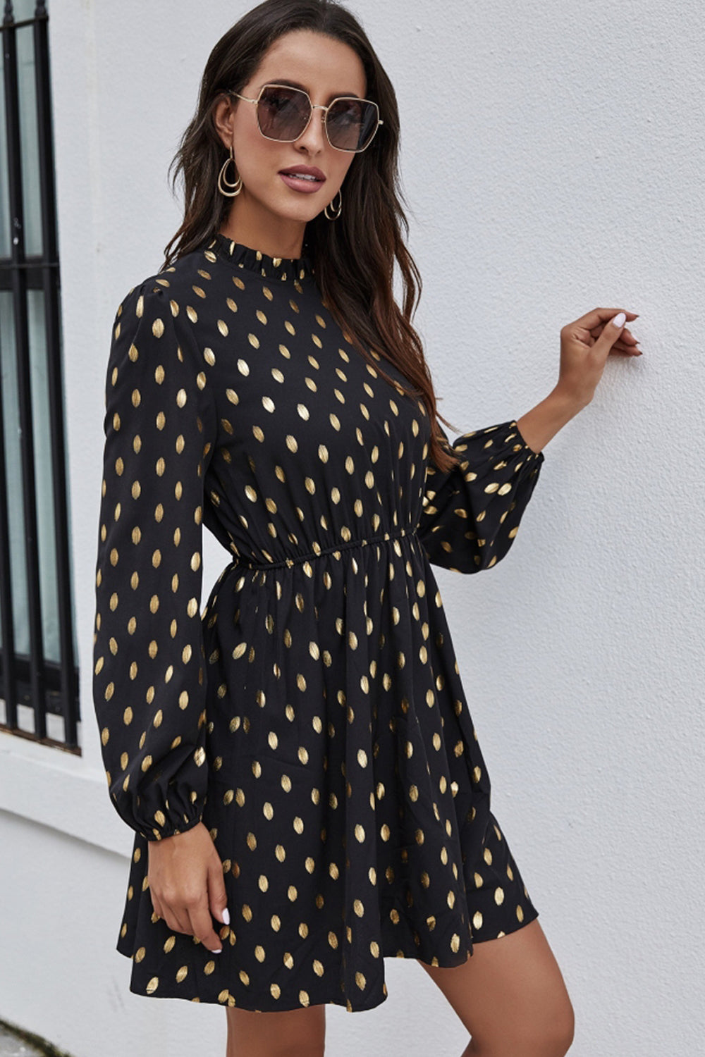 Half High Neck Polka Dot Dress