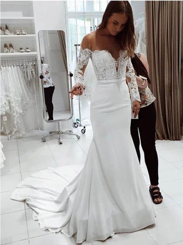 Autumn Off Shoulder Lace Long Sleeve Mop Wedding Dress