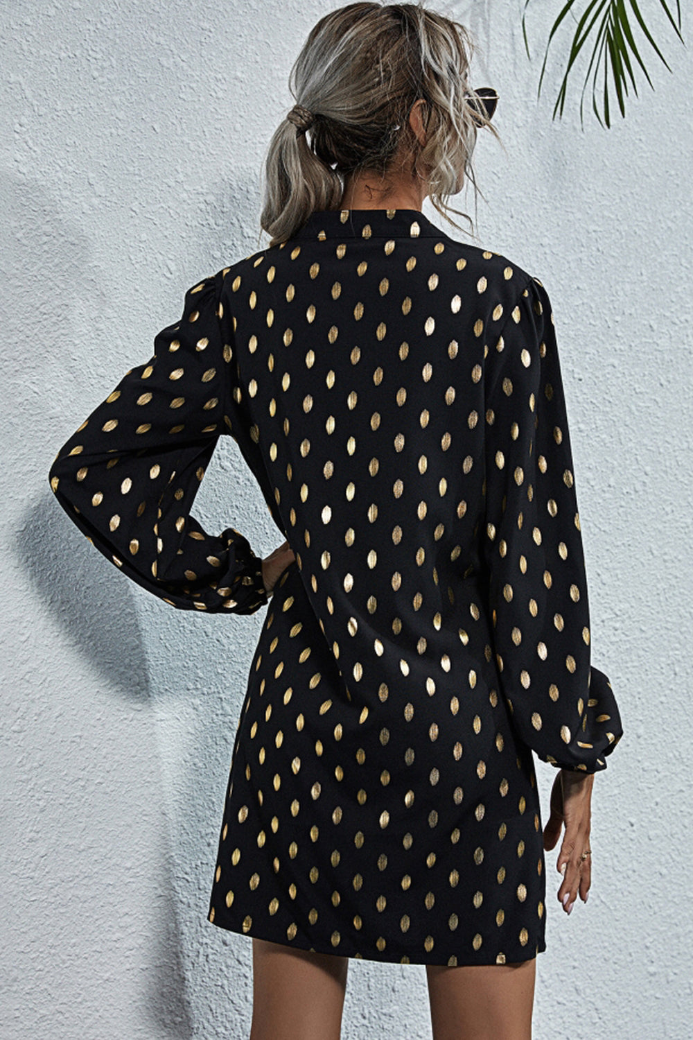 V-neck Polka Dot Long Sleeve Dress - Fashionpara