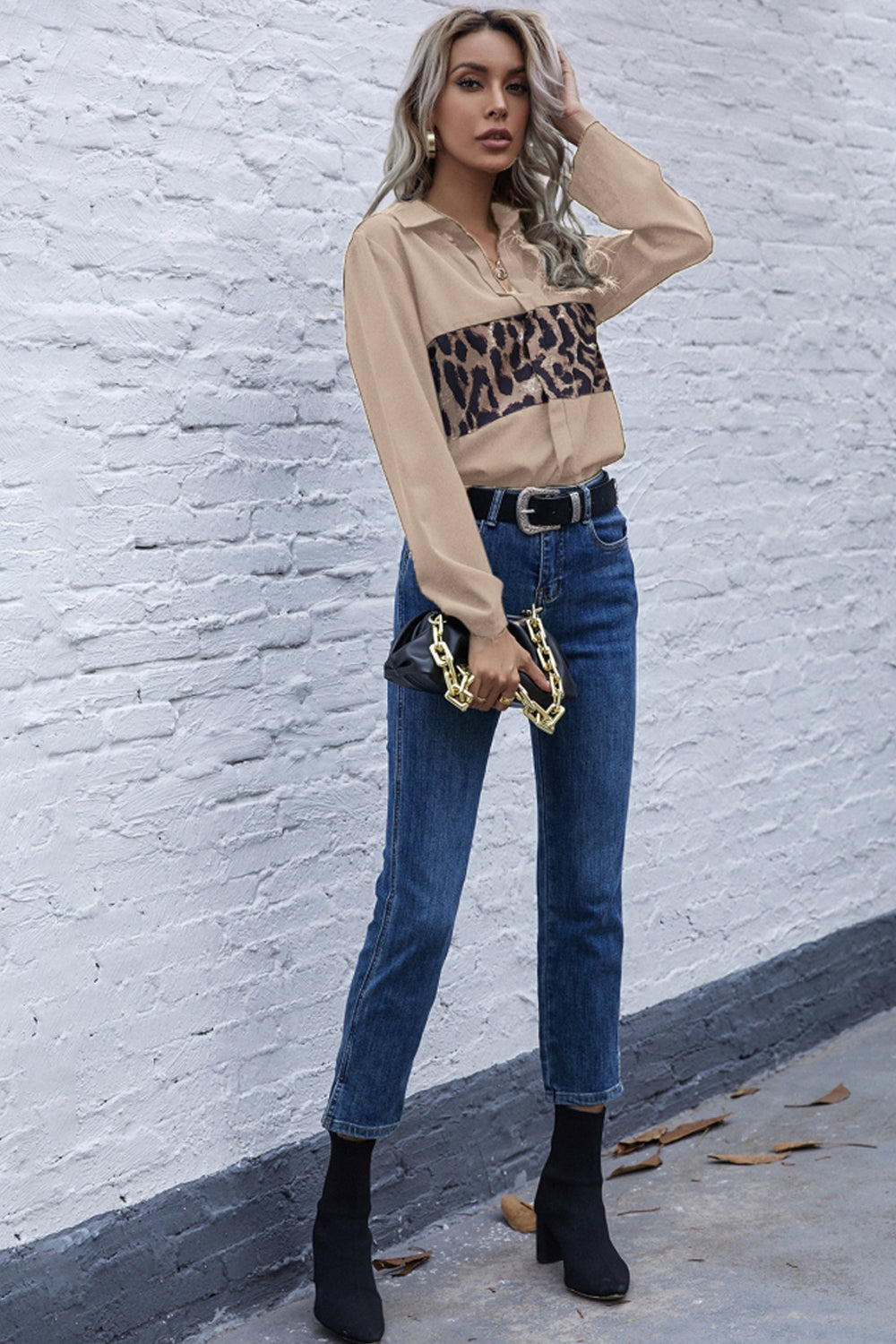 Panelled Leopard Print Long Sleeve Shirt