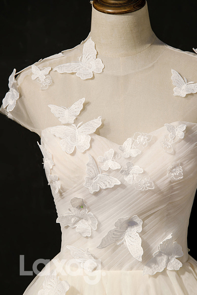 Illusione Neckline Butterfly Ivory Homecoming Dress - Fashionpara